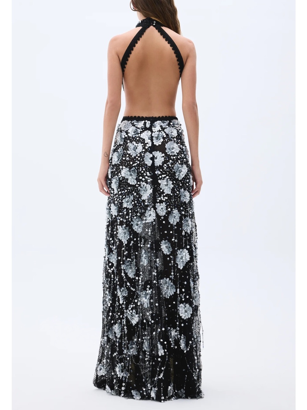 Backless Black Sequin Floral Halter Evening Dress